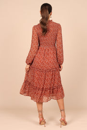 DRESSES @Edwina Shirred Frill Long Sleeve Midi Dress - Rust Floral