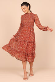 DRESSES @Edwina Shirred Frill Long Sleeve Midi Dress - Rust Floral