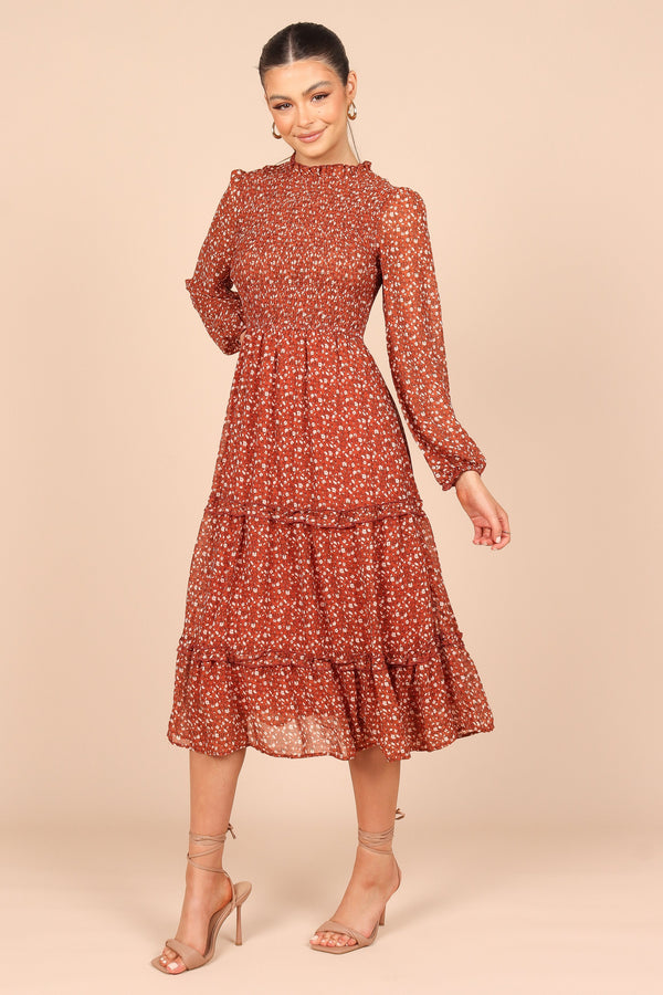 DRESSES @Edwina Shirred Frill Long Sleeve Midi Dress - Rust Floral