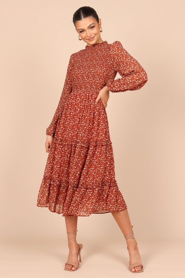 DRESSES @Edwina Shirred Frill Long Sleeve Midi Dress - Rust Floral