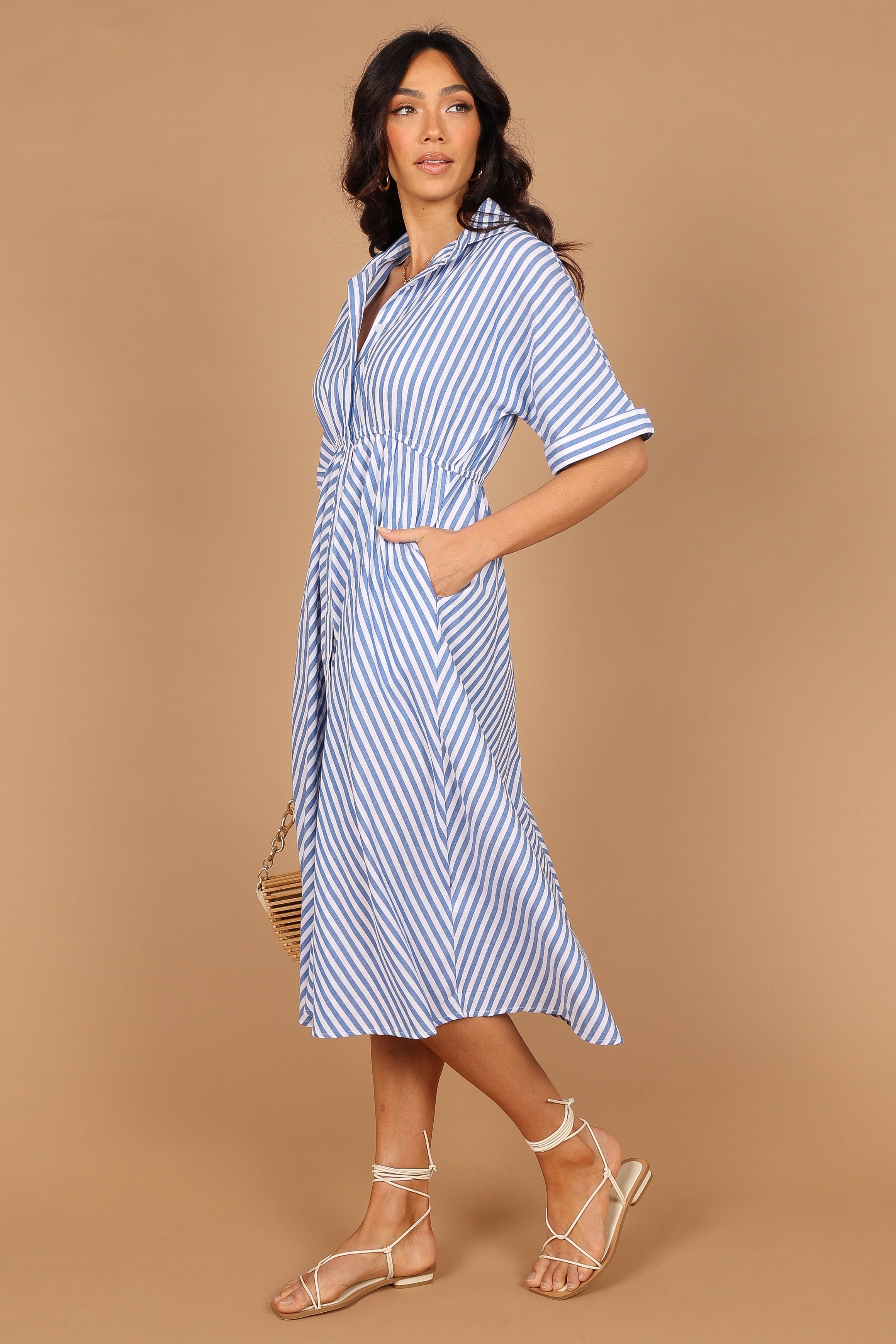 DRESSES @Finn Collared Midi Dress - Blue Stripe
