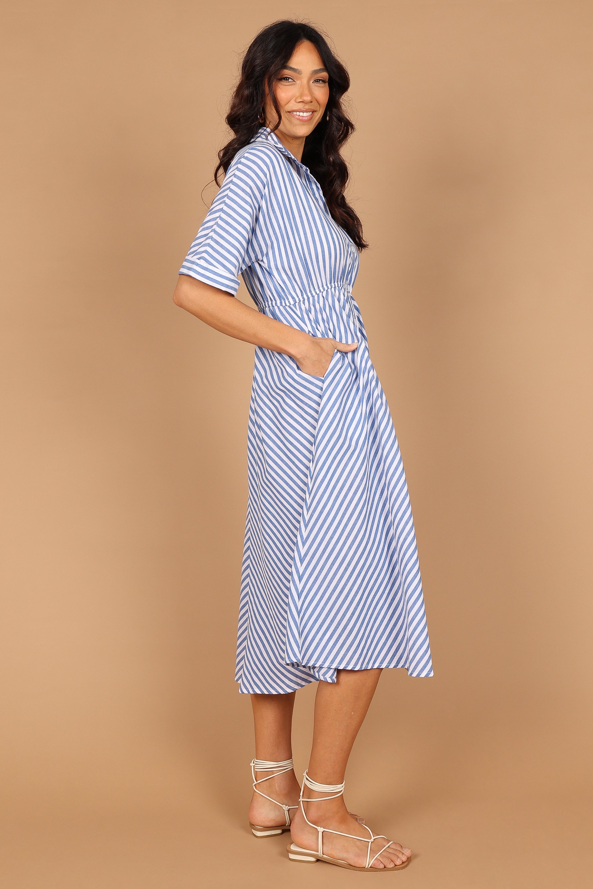 DRESSES @Finn Collared Midi Dress - Blue Stripe