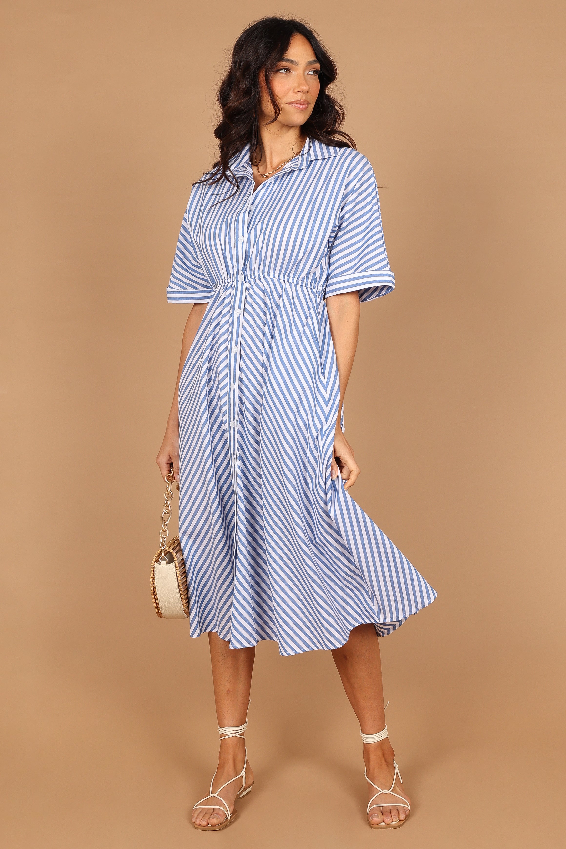 DRESSES @Finn Collared Midi Dress - Blue Stripe