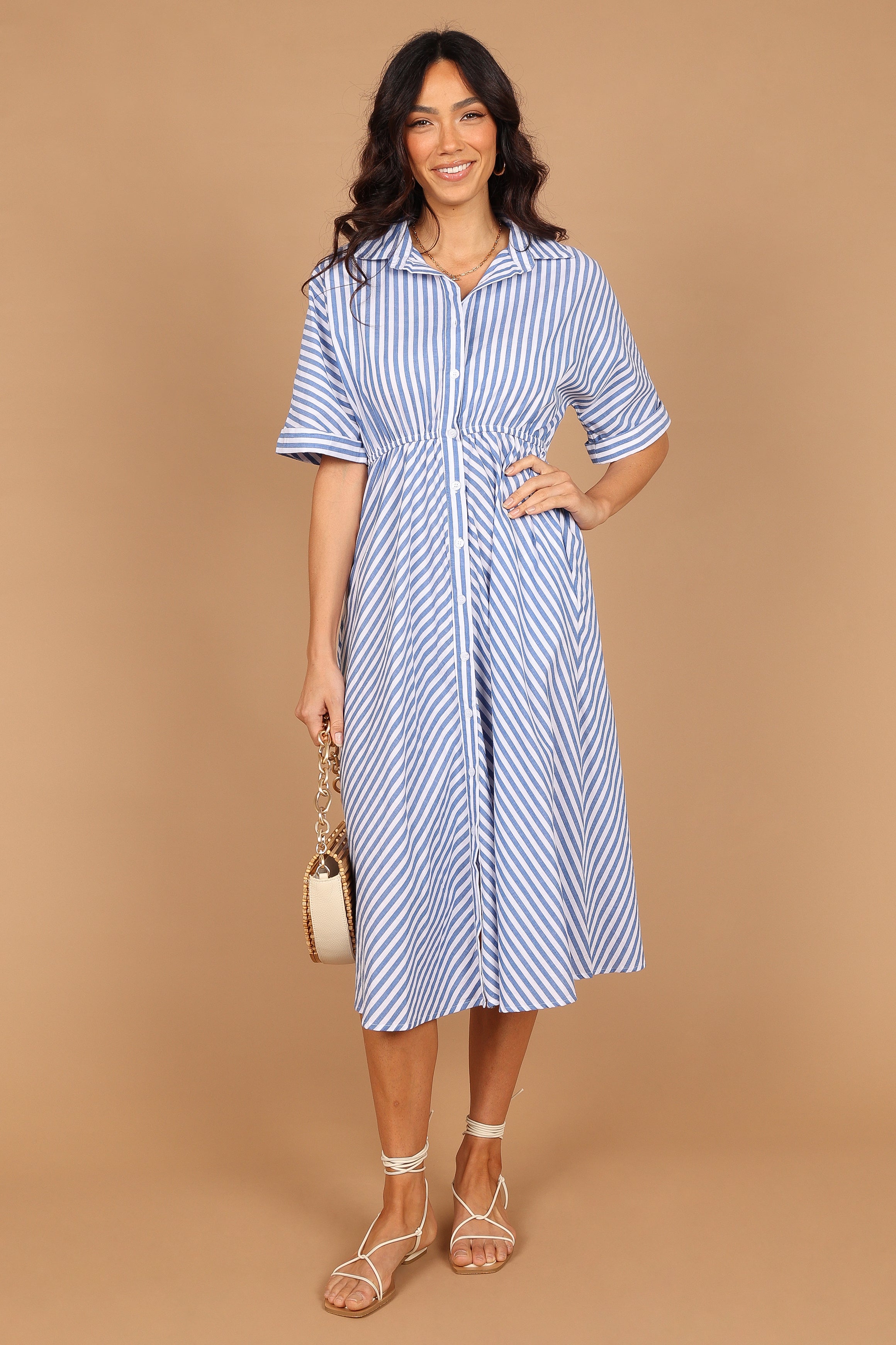 DRESSES @Finn Collared Midi Dress - Blue Stripe