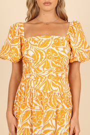 DRESSES @Gaylia Puff Sleeve Midi Dress - White/Orange (waiting on bulk)