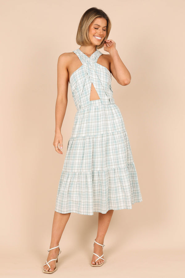 DRESSES @Georgian Halter Neck Midi Dress - Blue Check (waiting on bulk)