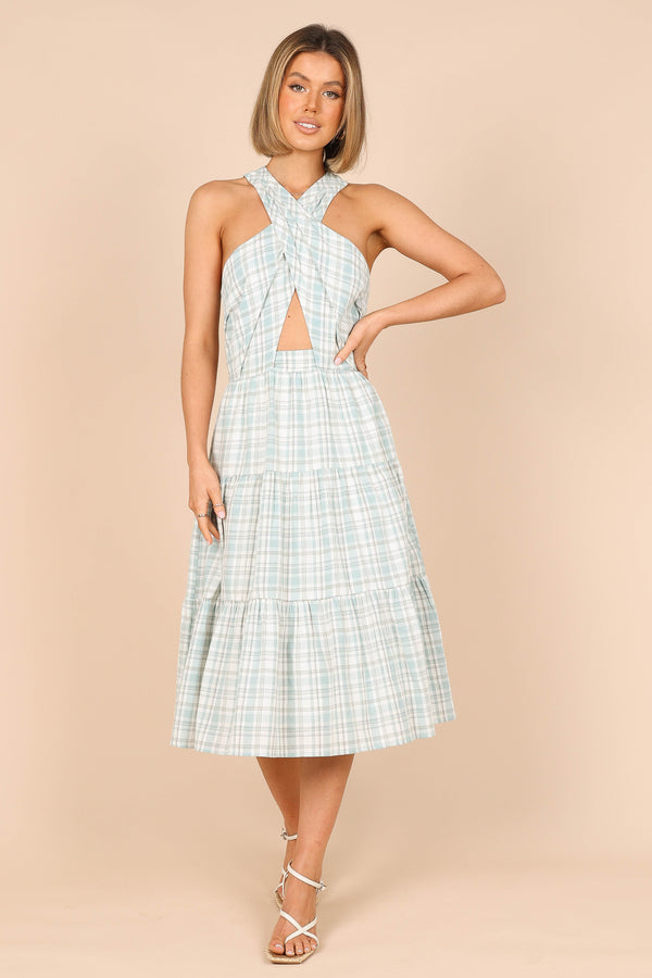 DRESSES @Georgian Halter Neck Midi Dress - Blue Check (waiting on bulk)