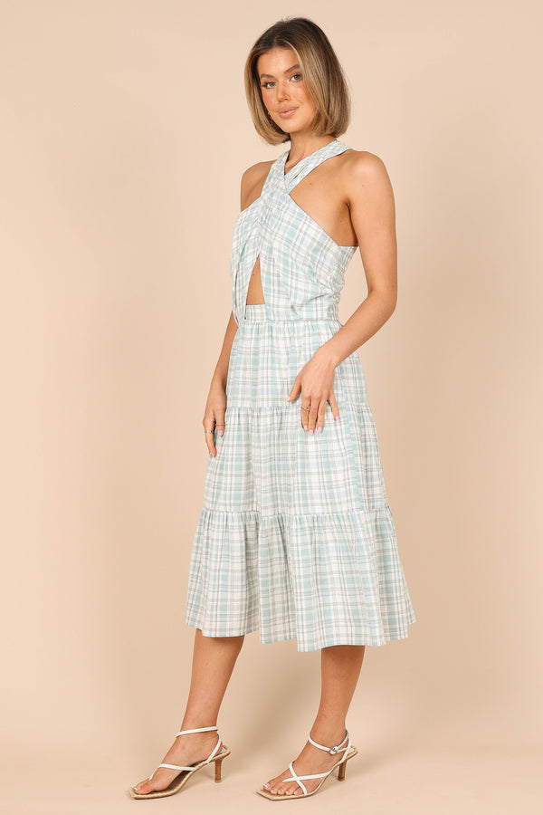 DRESSES @Georgian Halter Neck Midi Dress - Blue Check (waiting on bulk)