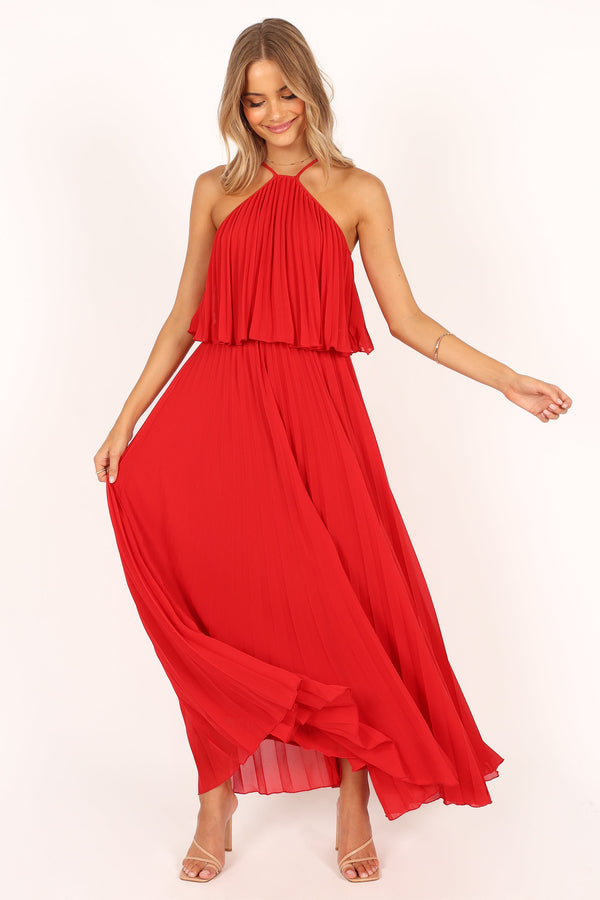 DRESSES @Gia Pleated Halterneck Maxi Dress - Red