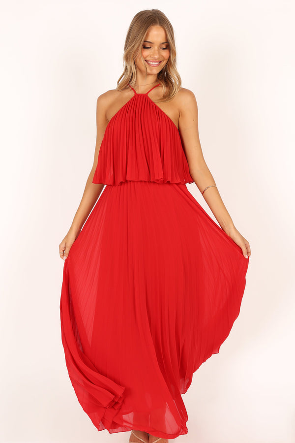 DRESSES @Gia Pleated Halterneck Maxi Dress - Red