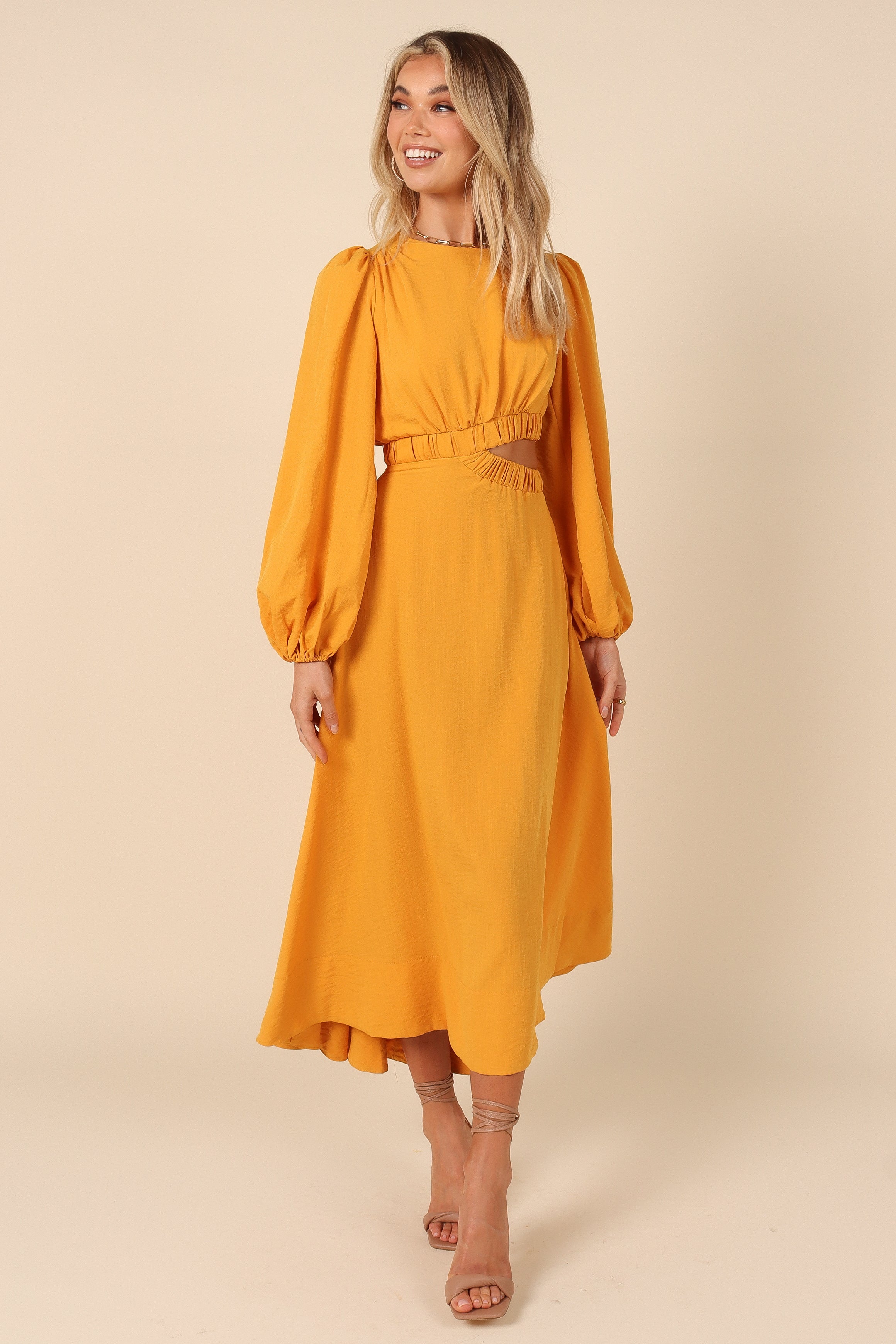 Mustard midi shop dress with sleeves