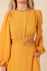 DRESSES @Ginnee Puff Sleeve Cutout Midi Dress - Mustard