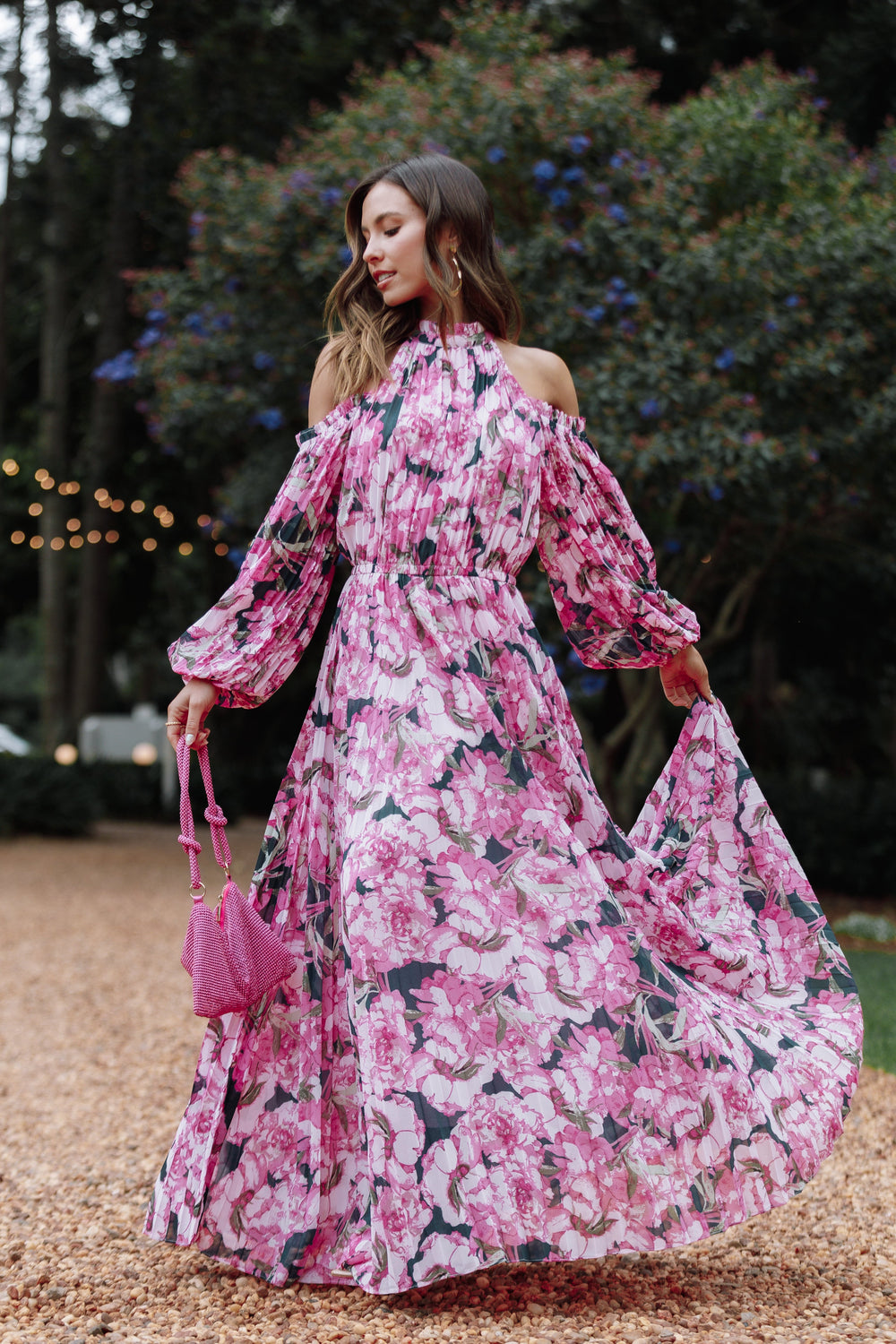Pink floral maxi dress with sleeves Clearance
