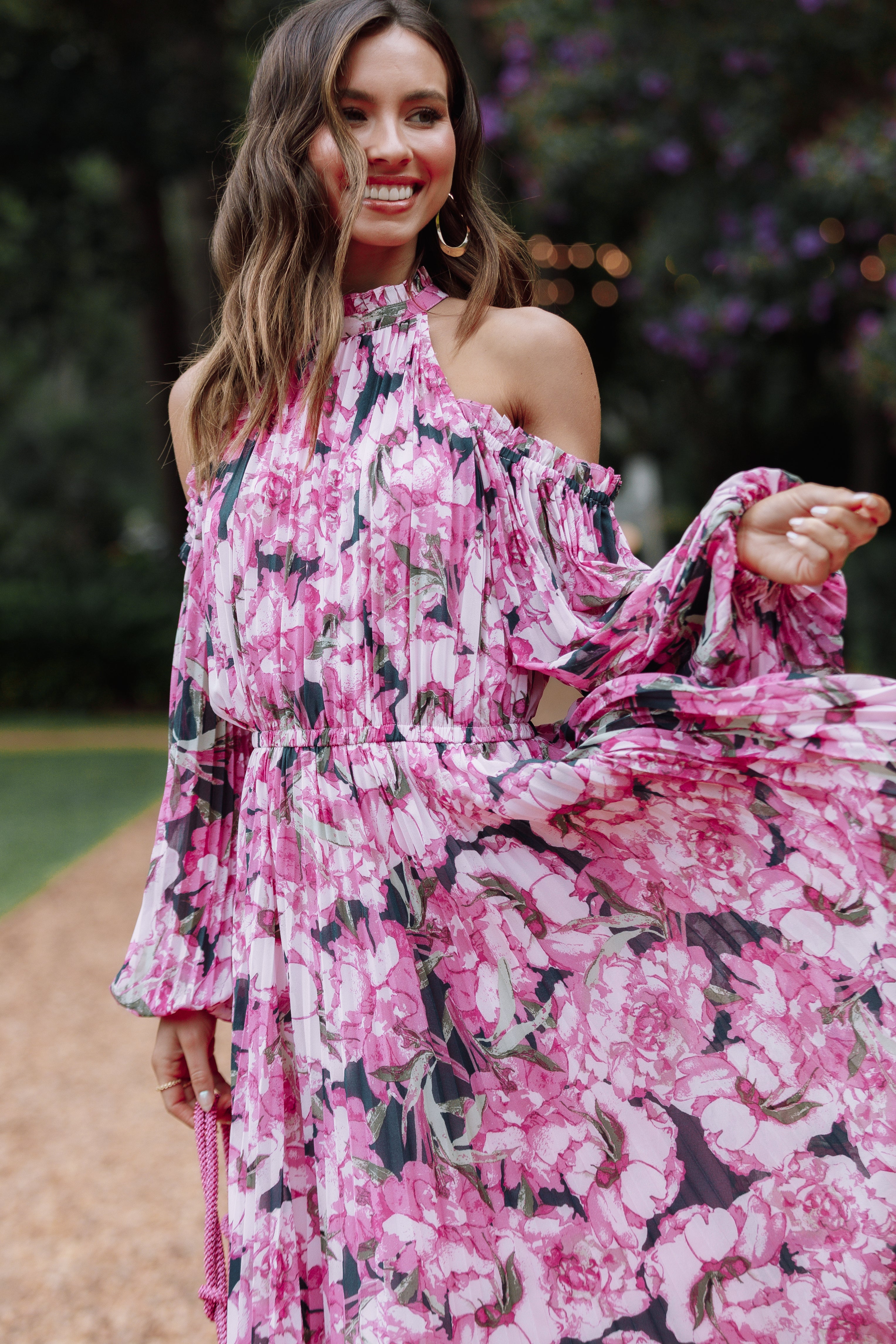Hilary Pleated Maxi Dress - Pink Floral | Petal & Pup