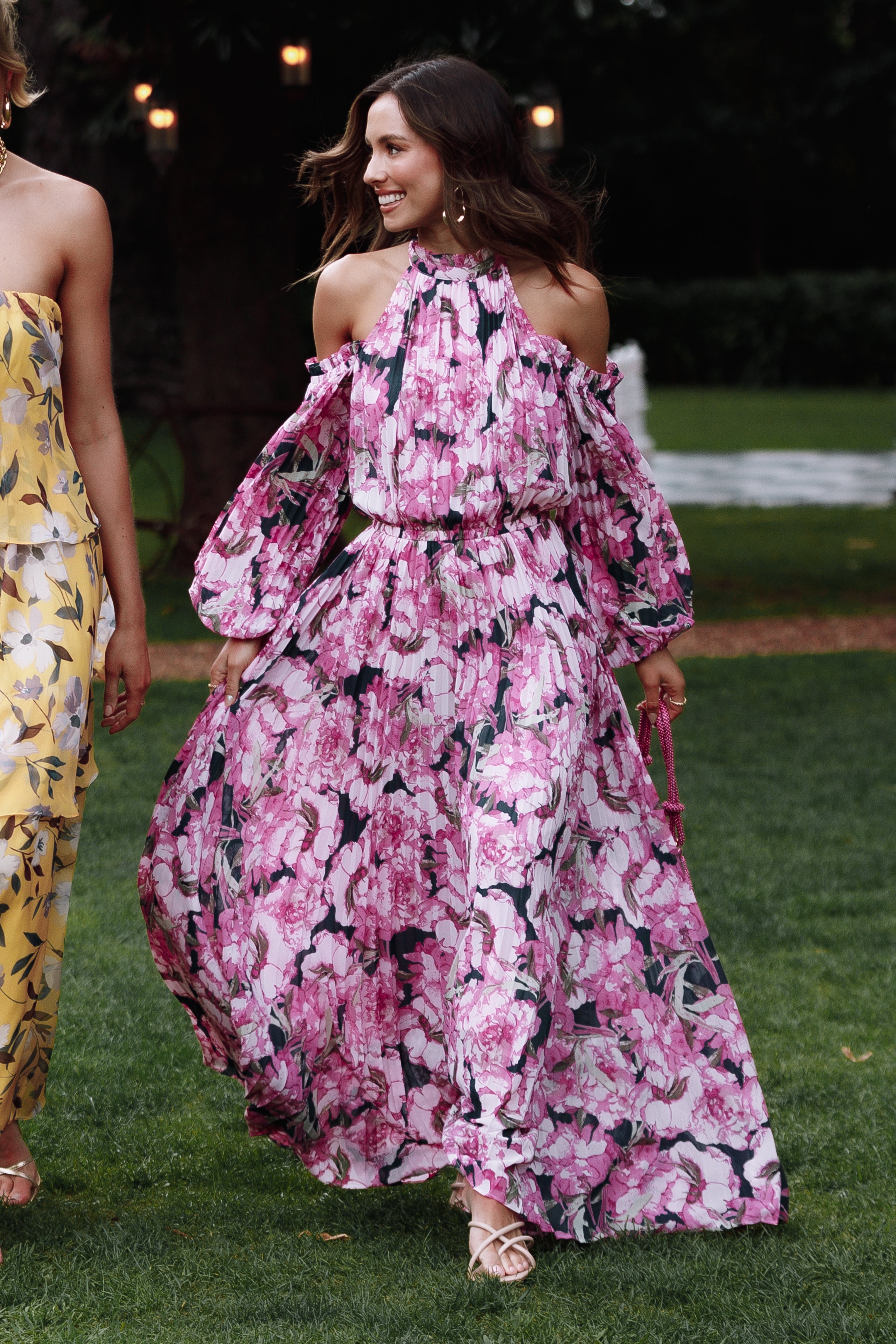 Pleated Floral-Print Satin Dress  Mサイズ