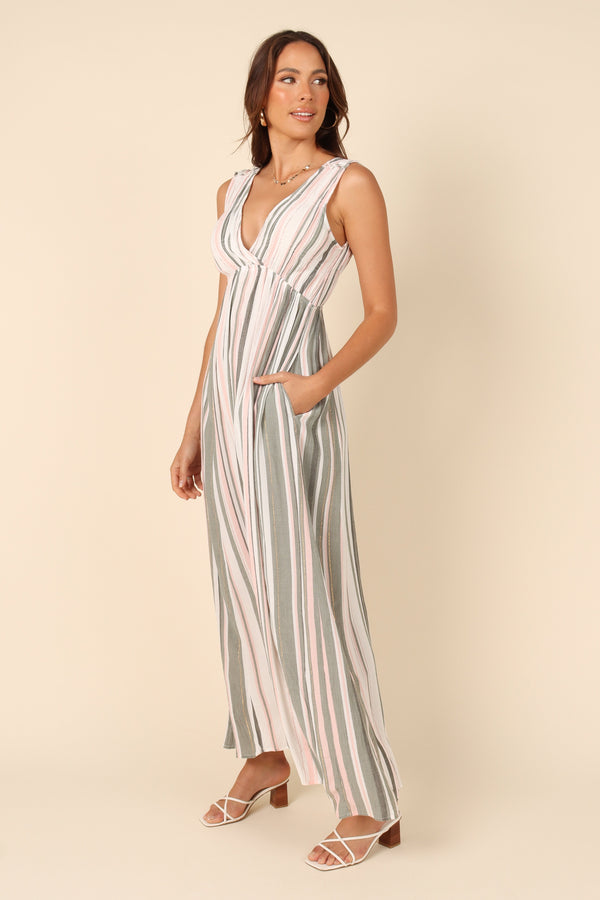 DRESSES @Judd V Neck Maxi Dress - Olive Stripe