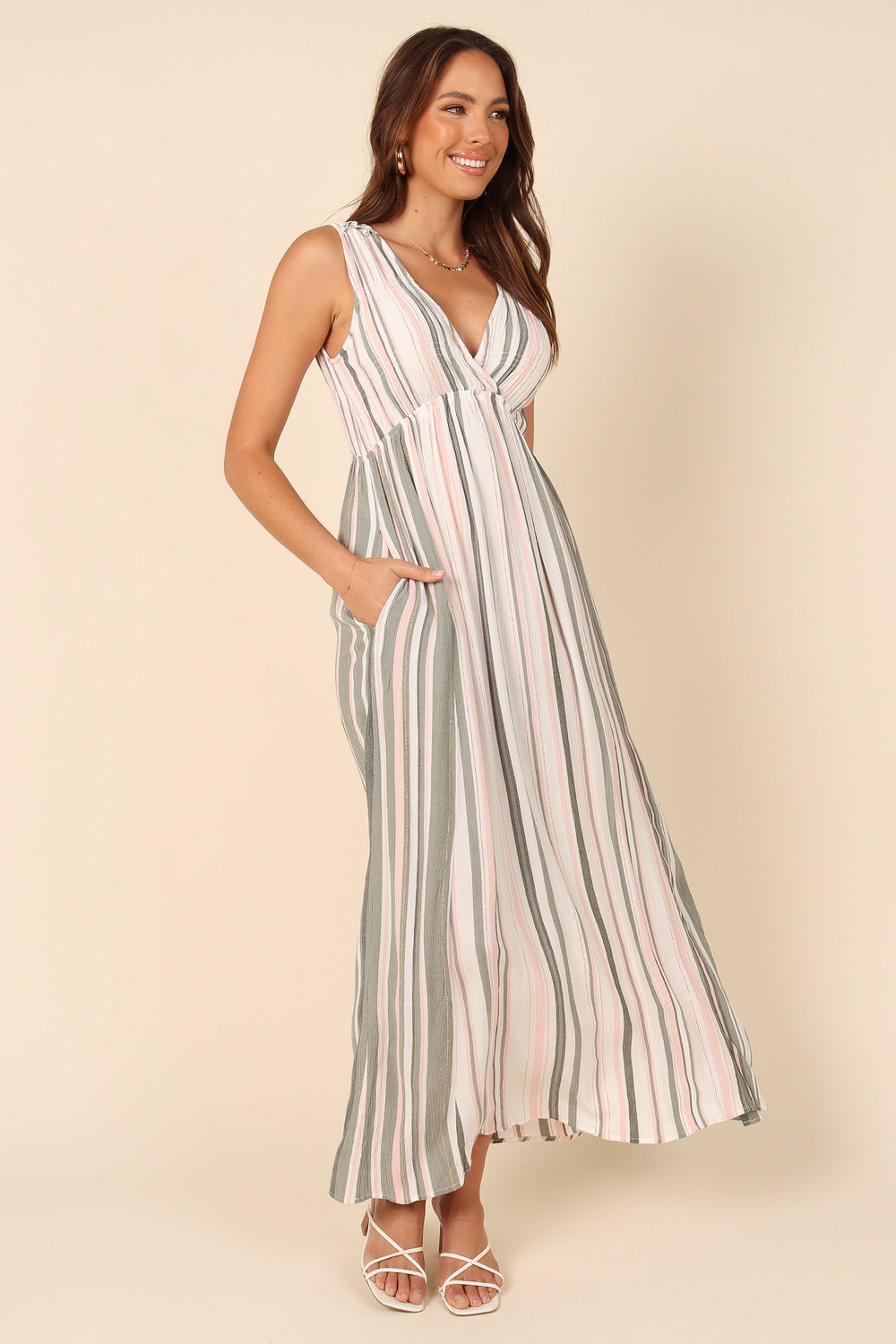 DRESSES @Judd V Neck Maxi Dress - Olive Stripe