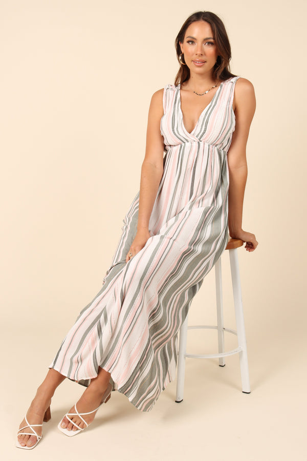 DRESSES @Judd V Neck Maxi Dress - Olive Stripe