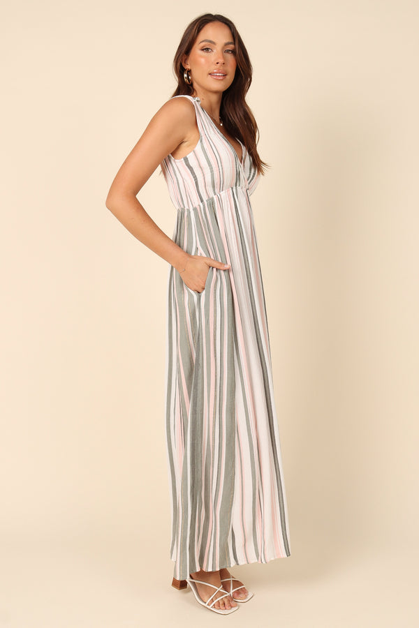 DRESSES @Judd V Neck Maxi Dress - Olive Stripe