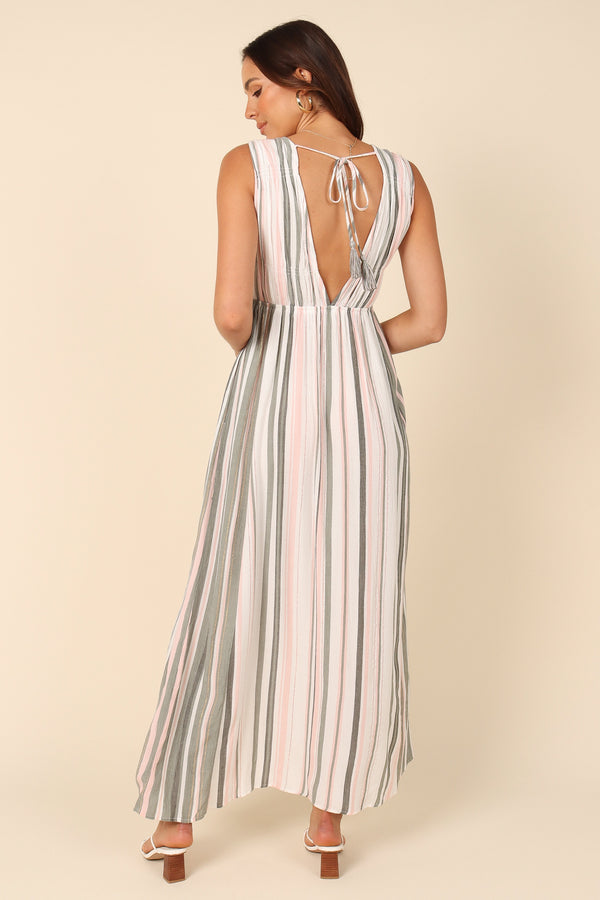 DRESSES @Judd V Neck Maxi Dress - Olive Stripe