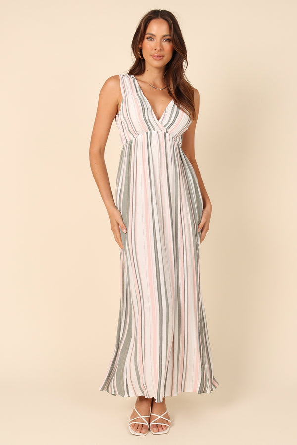 DRESSES @Judd V Neck Maxi Dress - Olive Stripe