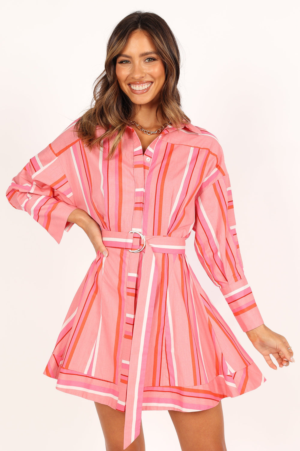 DRESSES @Julia Belted Mini Dress - Pink Stripe