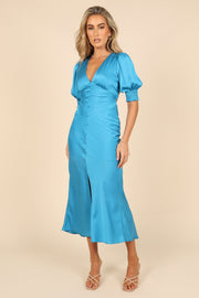 DRESSES @Juniper Puff Sleeve Buttoned Midi Dress - Blue (waiting on bulk)