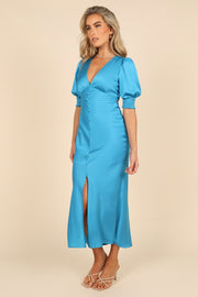 DRESSES @Juniper Puff Sleeve Buttoned Midi Dress - Blue (waiting on bulk)