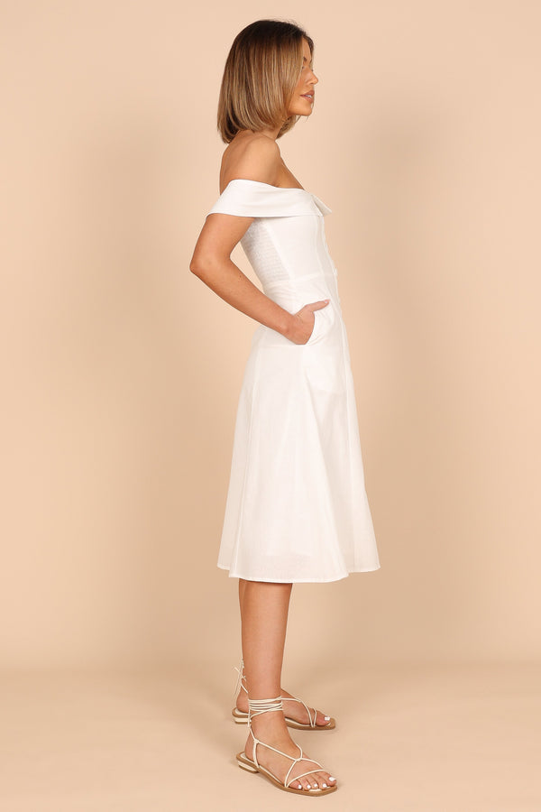 DRESSES @Lulu Off Shoulder Midi Dress - White