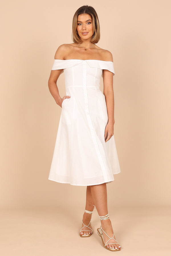 DRESSES @Lulu Off Shoulder Midi Dress - White