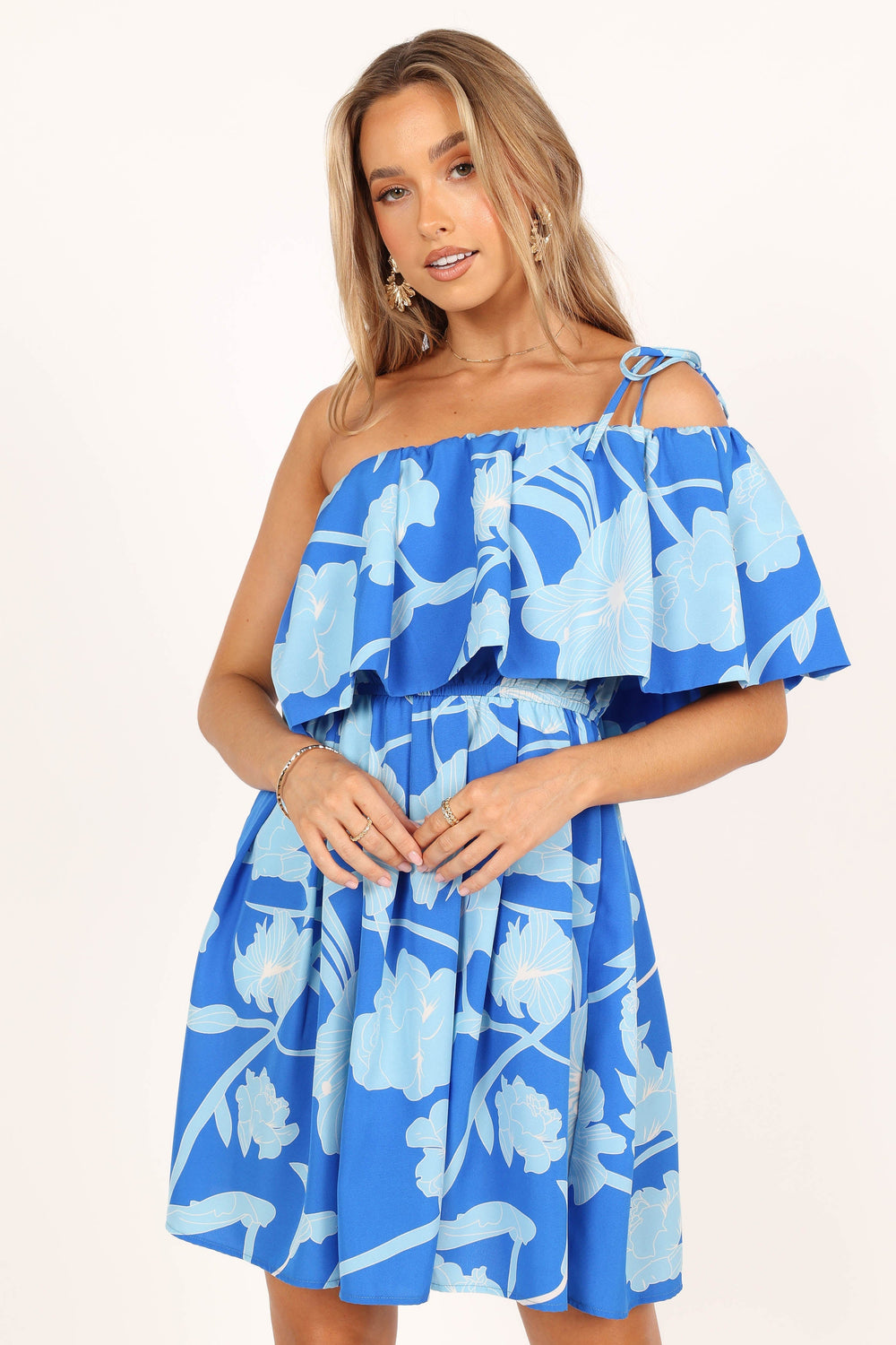 DRESSES @Maeva One Shoulder Mini Dress - Blue Floral