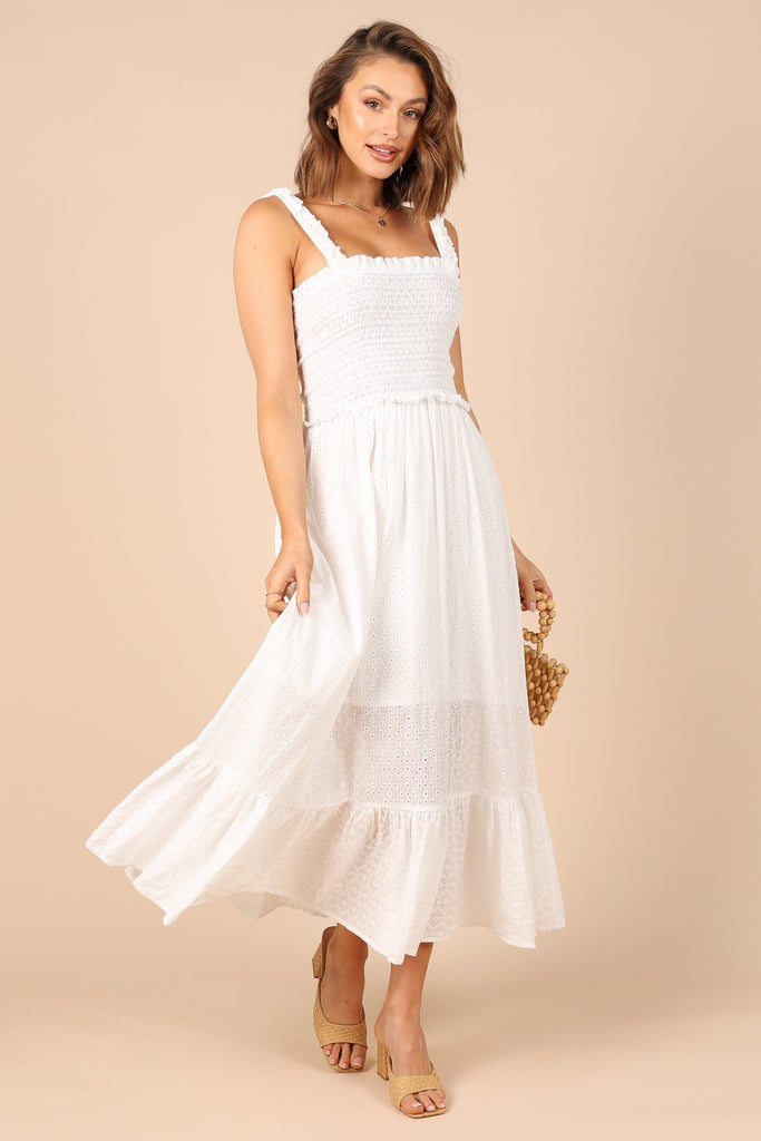 Mayve Shirred Maxi Dress White Petal & Pup