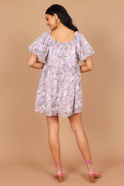 DRESSES @Mikki Off Shoulder Mini Dress - Purple Floral (waiting on bulk)