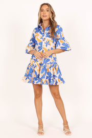DRESSES @Minnerva Tiered Mini Dress - Blue/Yellow