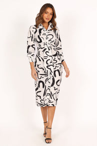 DRESSES @Minori Long Sleeve Midi Dress - White Black