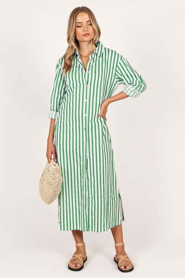 DRESSES @Mira Oversized Shirt Dress - Green Stripe