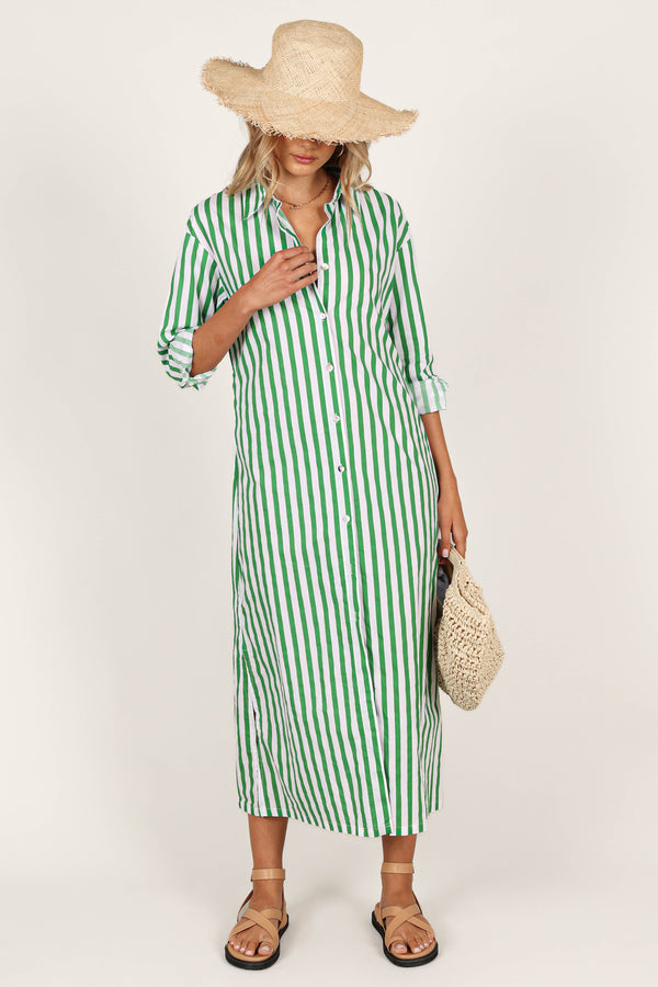 DRESSES @Mira Oversized Shirt Dress - Green Stripe