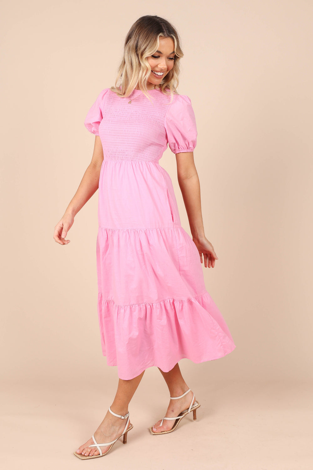 DRESSES @Naura Shirred Tiered Midi Dress - Pink