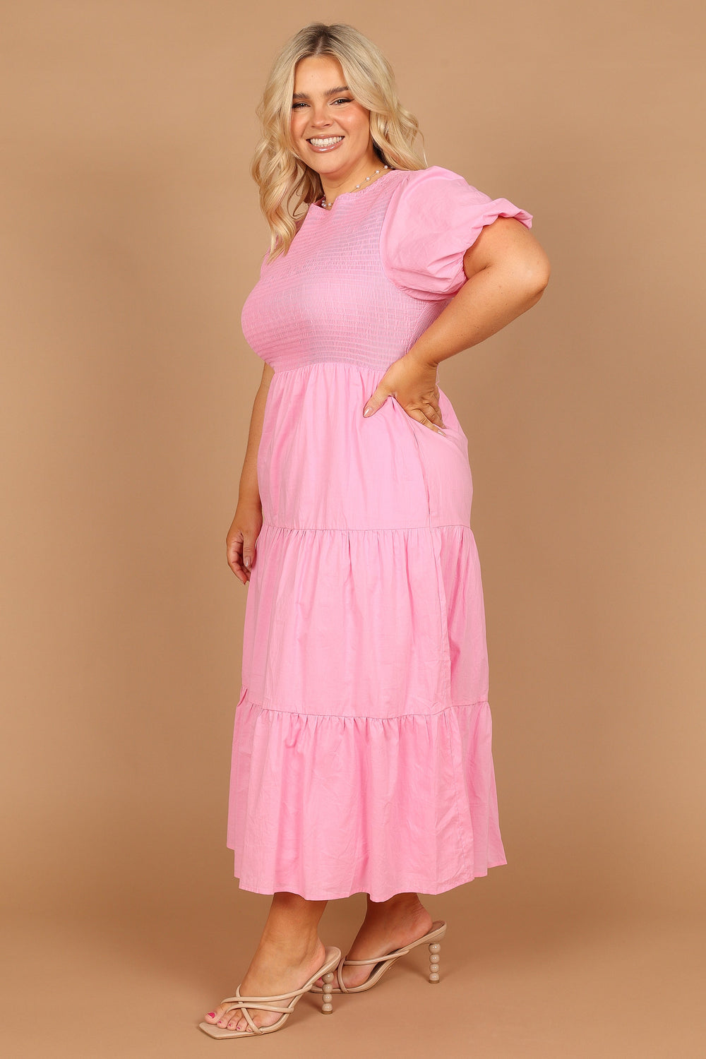 DRESSES Naura Shirred Tiered Midi Dress - Pink