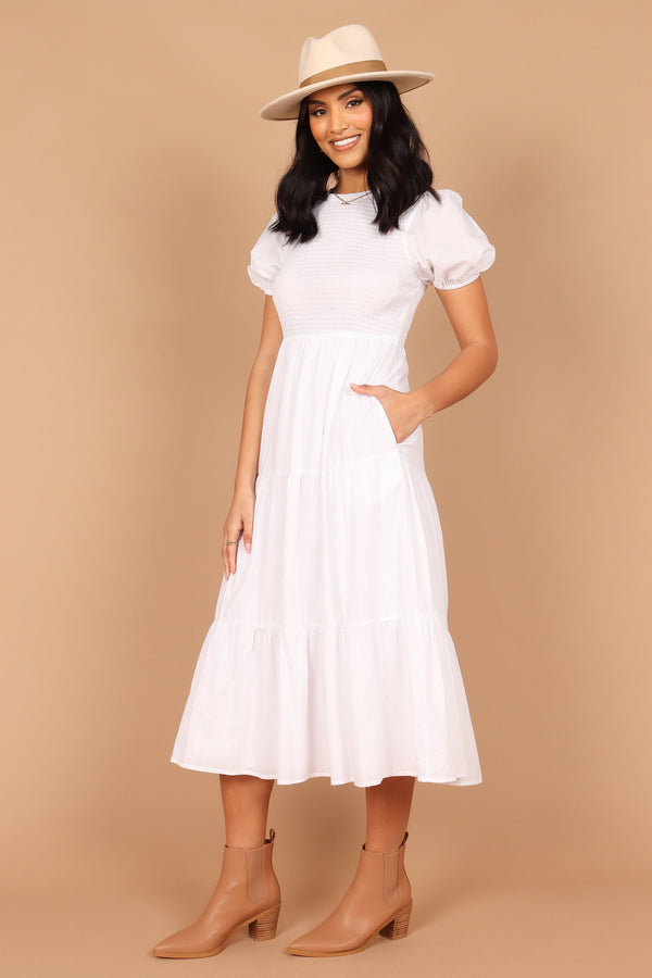 DRESSES @Naura Shirred Tiered Midi Dress - White (described)