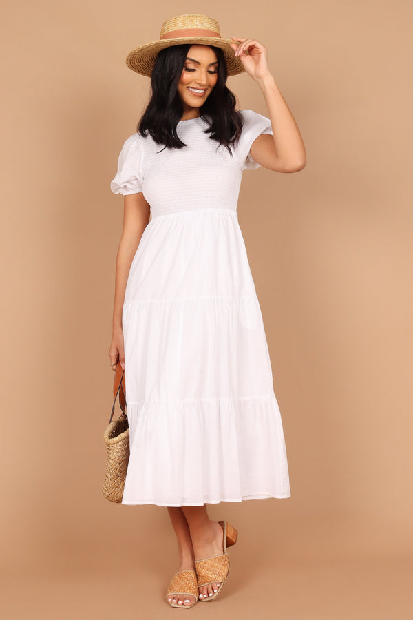 DRESSES @Naura Shirred Tiered Midi Dress - White (described)