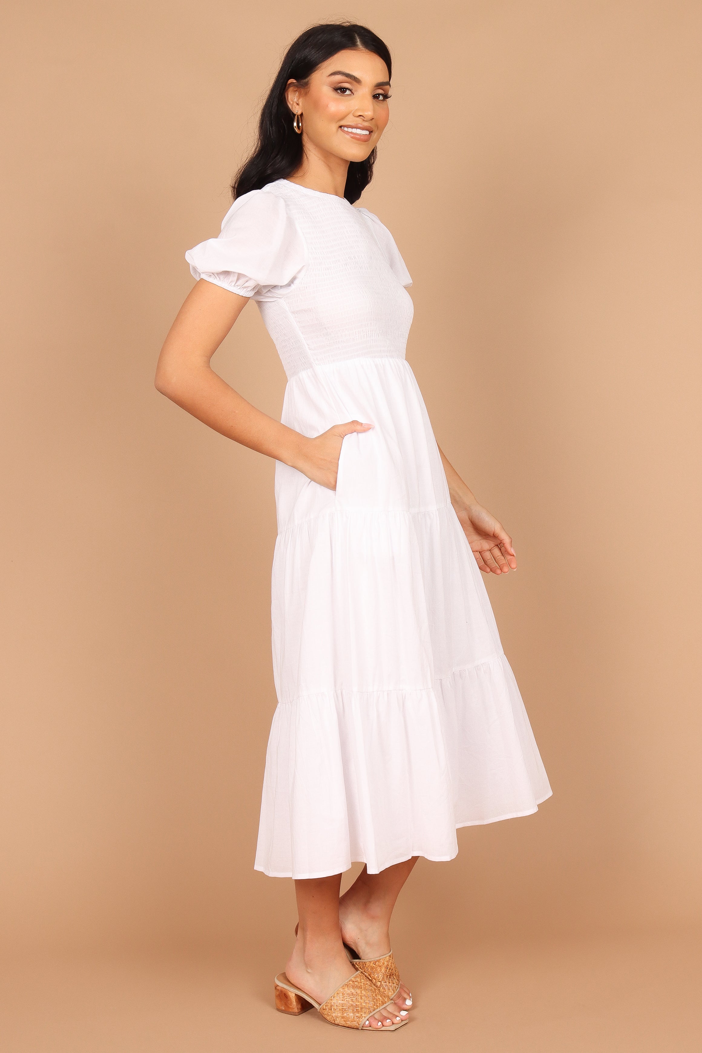DRESSES @Naura Shirred Tiered Midi Dress - White (described)