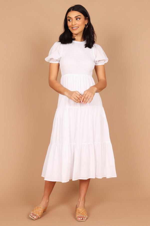 DRESSES @Naura Shirred Tiered Midi Dress - White (described)