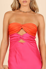 DRESSES @Nikki Twist Front Midi Dress - Orange/Fuchsia (waiting on bulk)