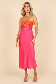 DRESSES @Nikki Twist Front Midi Dress - Orange/Fuchsia (waiting on bulk)