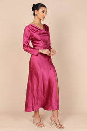 DRESSES @Patia Cowl Neck Long Sleeve Midi Dress - Fuchsia