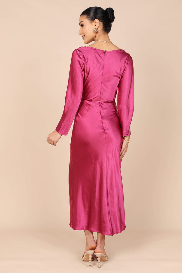 DRESSES @Patia Cowl Neck Long Sleeve Midi Dress - Fuchsia