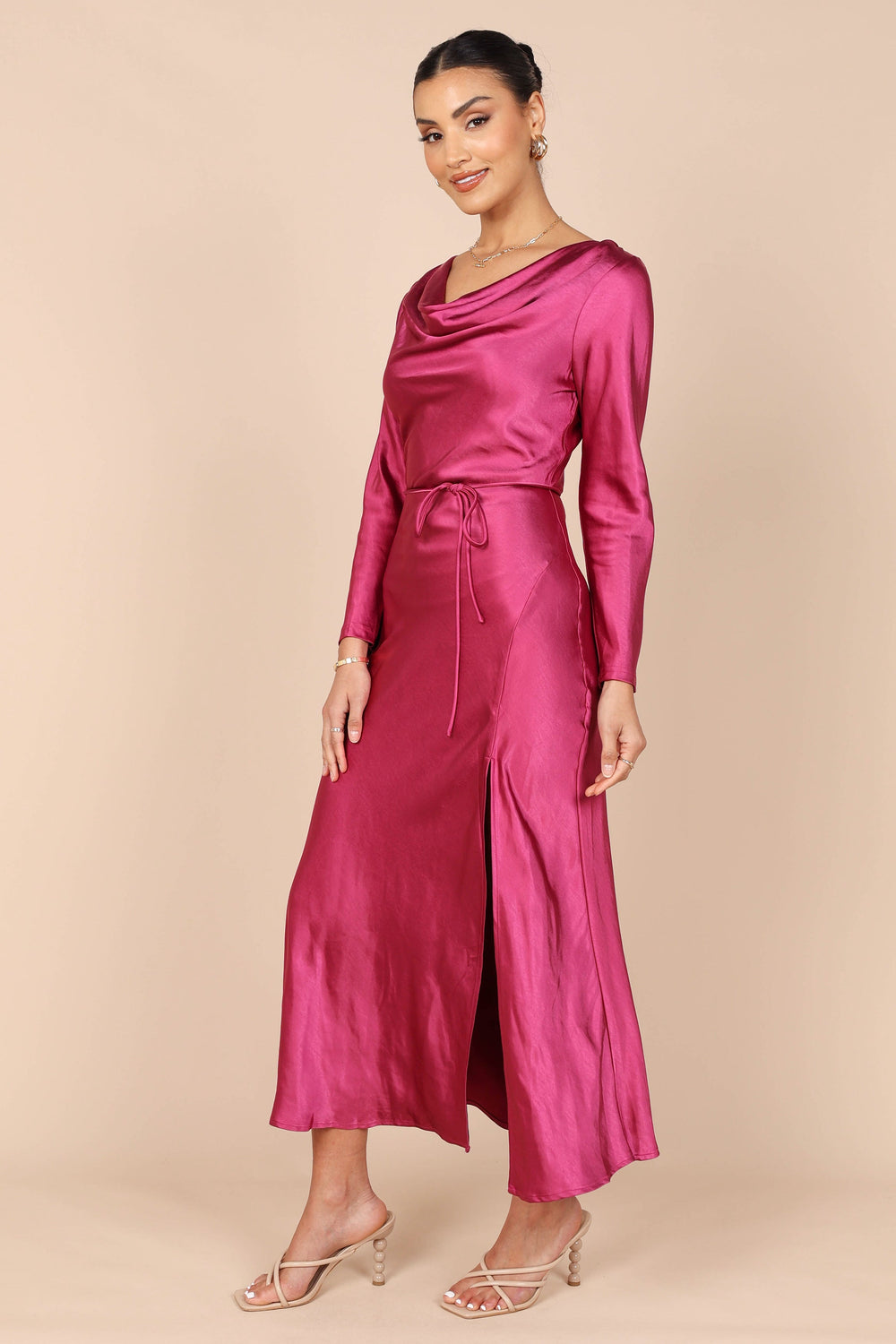 DRESSES @Patia Cowl Neck Long Sleeve Midi Dress - Fuchsia