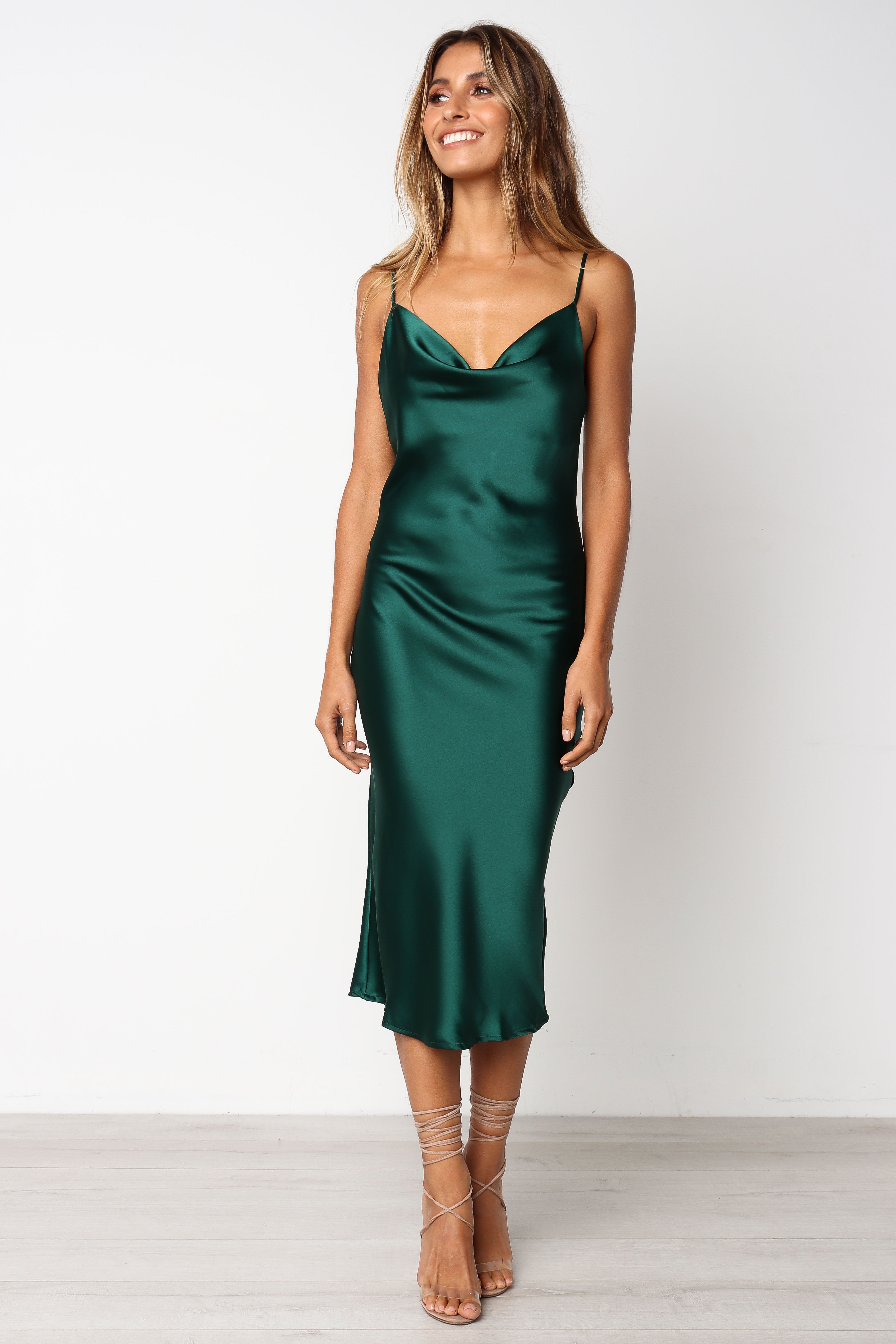 Buy Green Satin Silk Cowl Dress With Bandhani Print Online Kalki Fashion