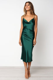 DRESSES Persia Dress - Green 6   Stunning cowl neck, midi dress with adjustable straps in a sexy satin fabrication. Offering a flattering feminine silhouette that can be dressed up or dressed down. Perfect for weddings, date nights, Spring parties, brunch, day events, and more.  Perfect that Y2K look. Jewel tone, bridesmaid, hens party.